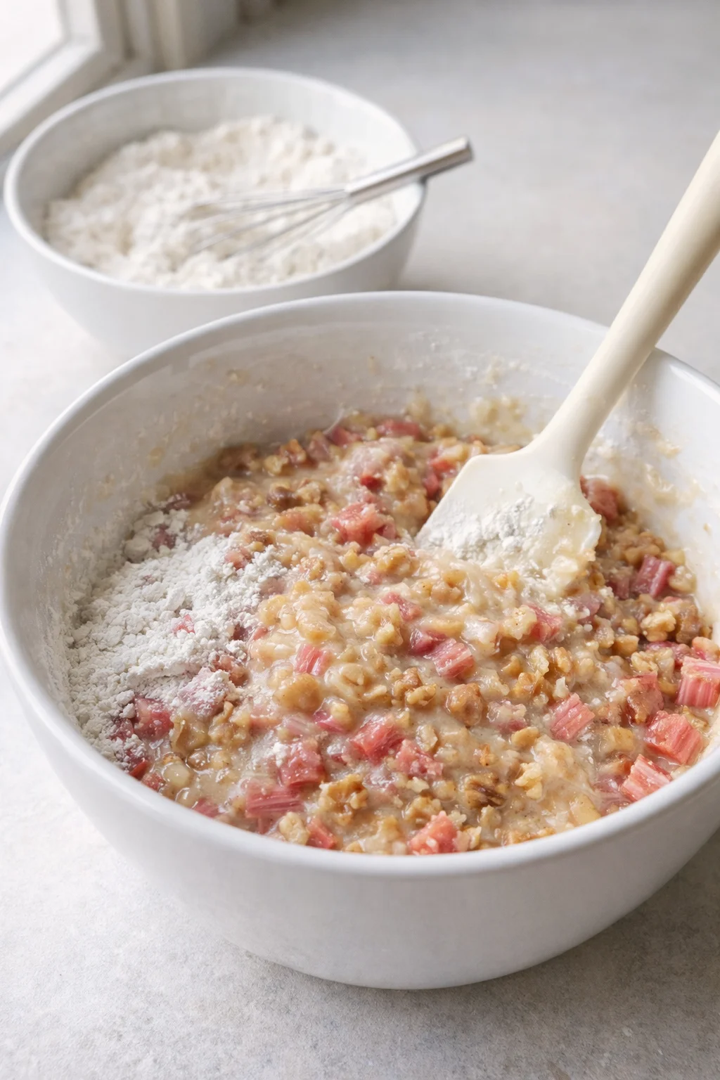Wet bowl with chopped rhubarb, sugar, oil, and egg beside whisked dry ingredients being folded in