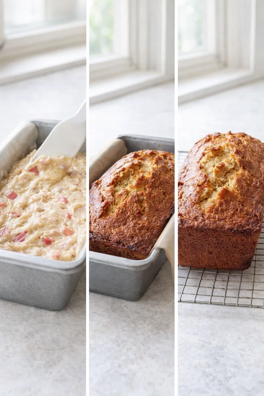 Batter smoothed in prepared loaf pan, then baked loaf cooling on a wire rack