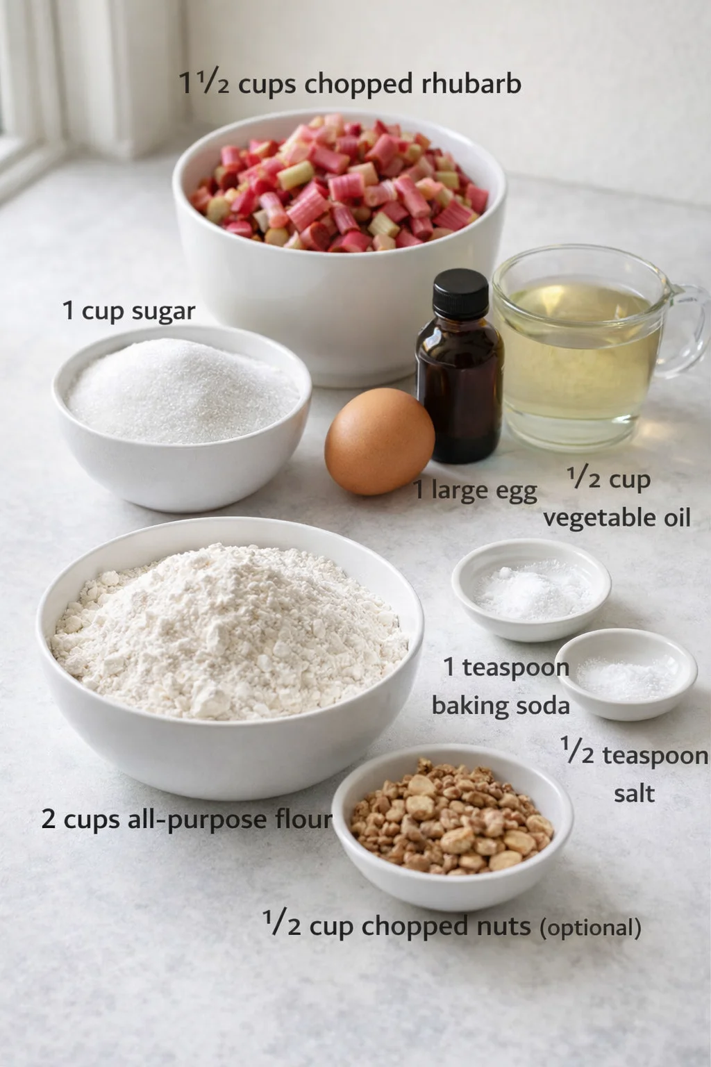 Measured ingredients arranged for Irresistible Rhubarb Bread: 1 1/2 cups chopped rhubarb — fresh is best, cut into 1/2-inch bits (about 3-4 stalks), 1 cup sugar — classic white sugar works great; adjust based on your rhu
