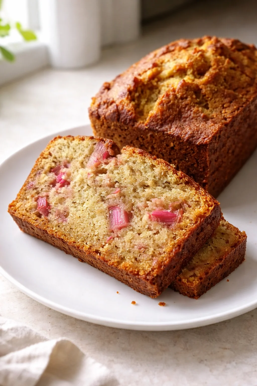 Final plated Irresistible Rhubarb Bread served as a hero shot