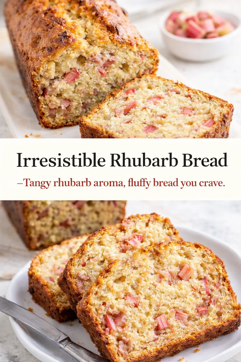 Pinterest-style image for Irresistible Rhubarb Bread with centered text overlay