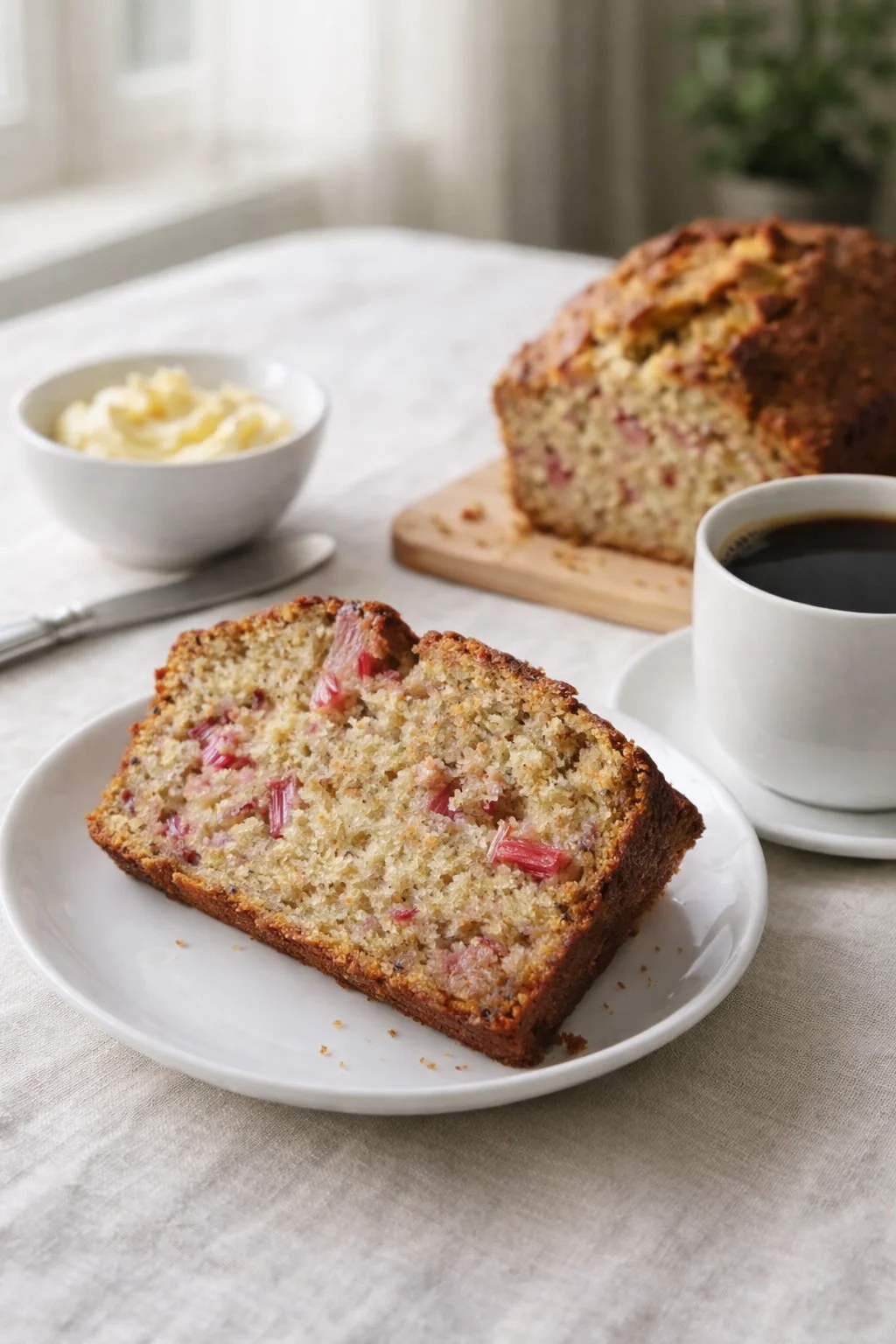 Alternative angle of Irresistible Rhubarb Bread served with a pairing