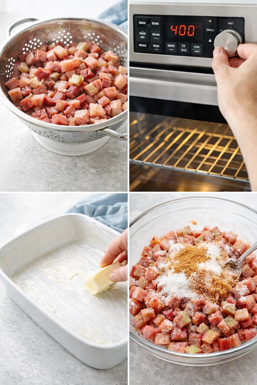 step-process-placeholder-1-4.png Thawed rhubarb coated with cinnamon, sugar, and cornstarch in a large bowl, buttered dish nearby.