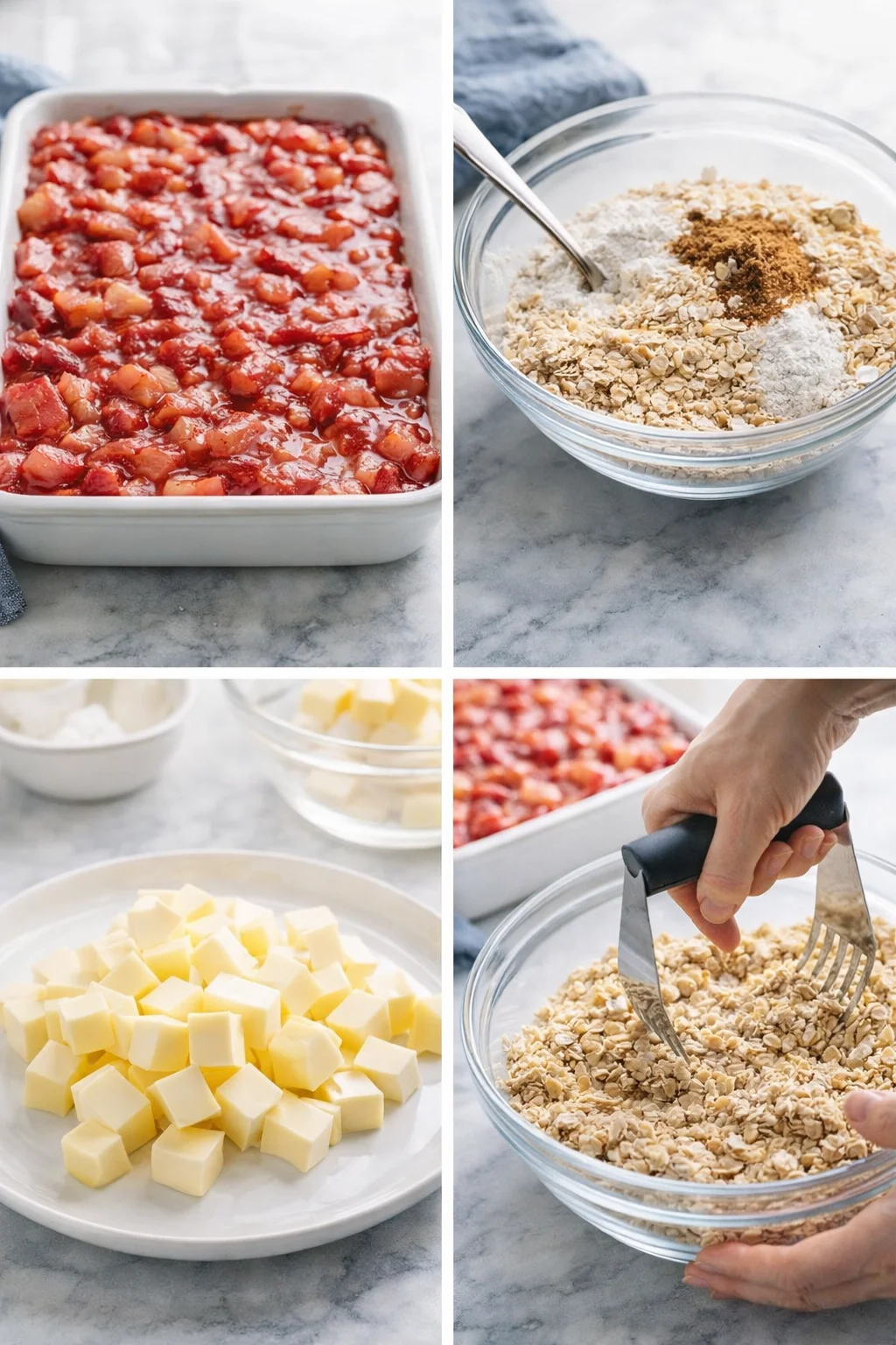 step-process-placeholder-5-8.png Dry oat-and-flour topping mixed in a bowl while cubed cold butter awaits cutting in.