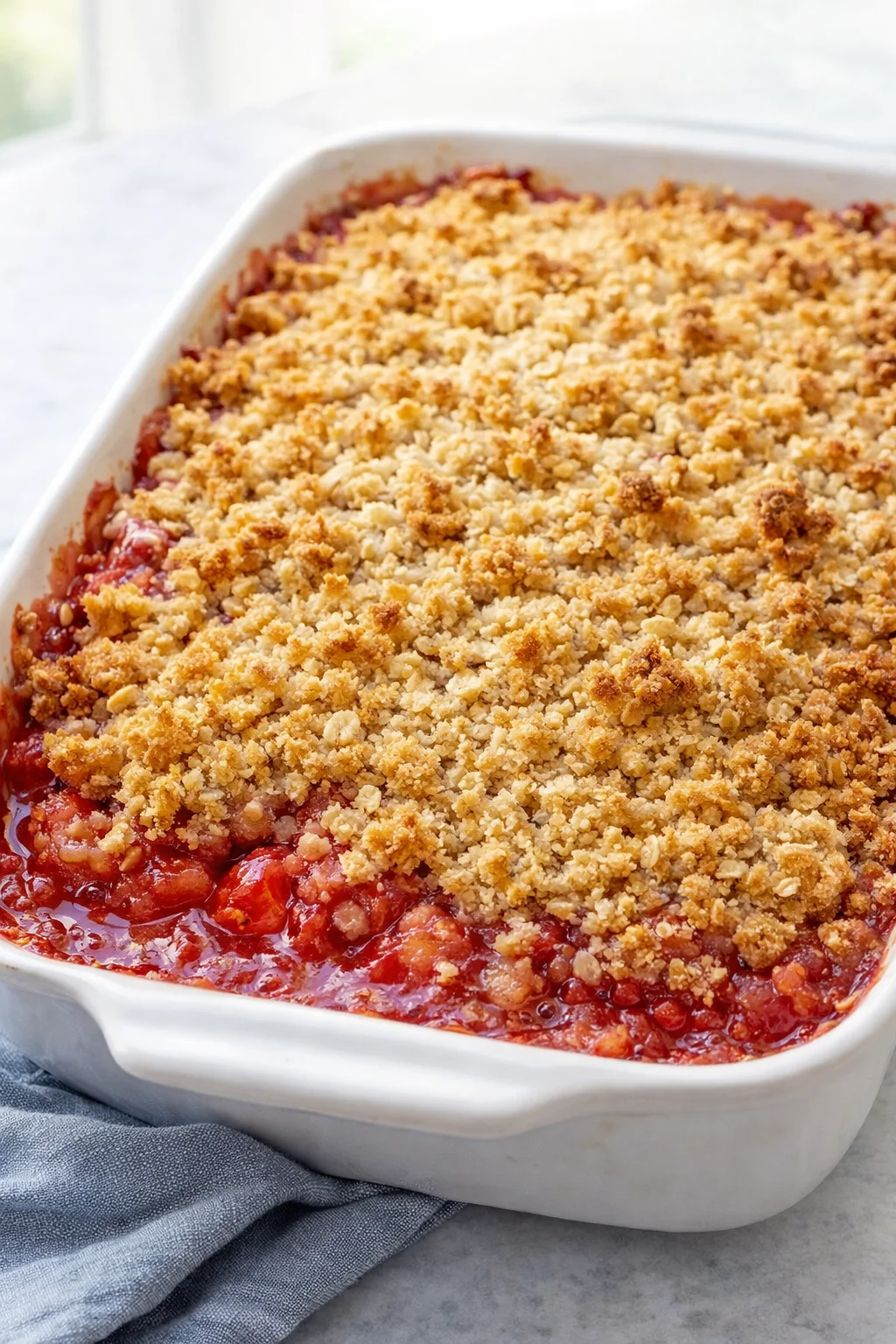 step-process-placeholder-9-11.png Golden oat crumb topping browned, filling bubbling along dish edges, crisp resting on counter.