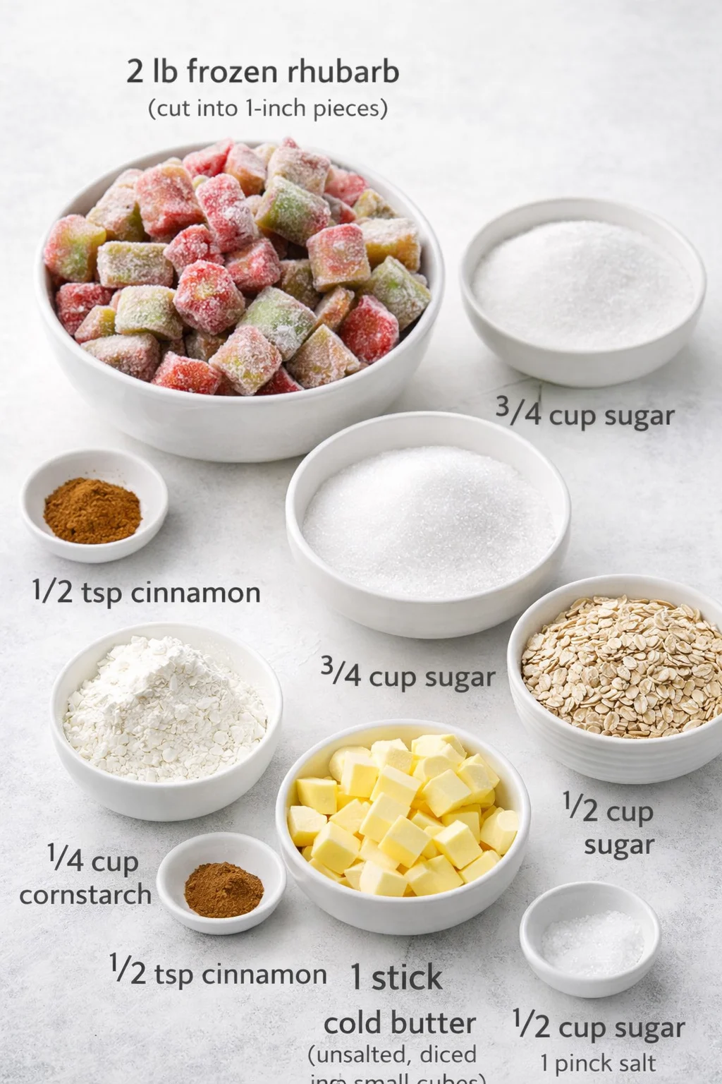 ingredients-placeholder.png Measured ingredients arranged for Classic Rhubarb Crisp with Frozen Rhubarb: 2 lb rhubarb (frozen, cut into 1-inch pieces), 1/2 tsp cinnamon (adds a warm, cozy touch), 3/4 cup sugar, 1/4 cup cornstarch (helps thicken the