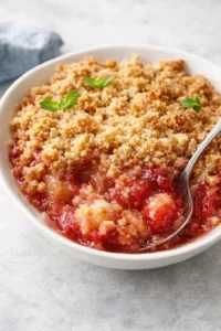 Final plated Classic Rhubarb Crisp with Frozen Rhubarb served as a hero shot