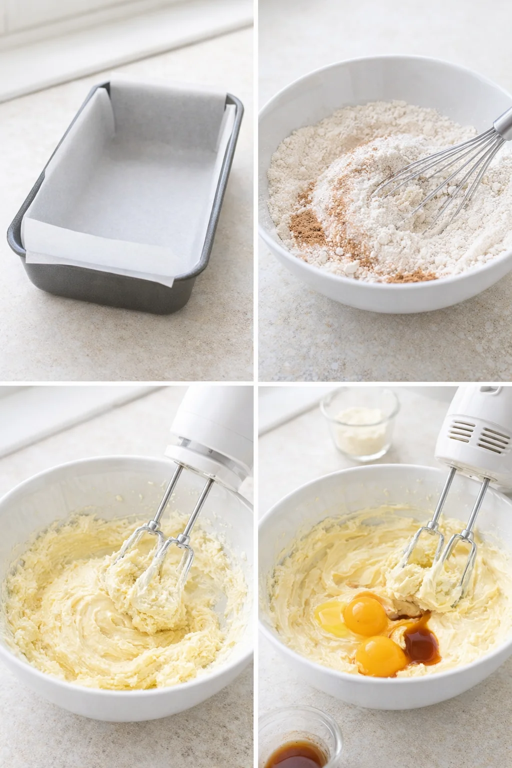 step-process-placeholder-1-4.png Greased loaf pan beside bowls: whisked dry ingredients and fluffy creamed butter-sugar with eggs.