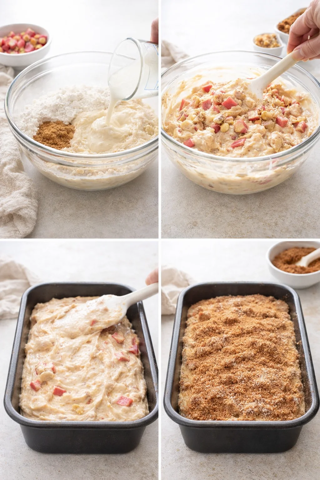 step-process-placeholder-5-8.png Thick batter with chopped rhubarb being folded, poured into loaf pan and cinnamon-sugar sprinkled.