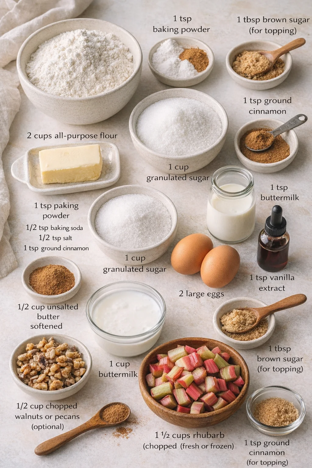 ingredients-placeholder.png Measured ingredients arranged for Cinnamon Rhubarb Bread: A Deliciously Unique Recipe!: 2 cups all-purpose flour, 1 teaspoon baking powder, 1/2 teaspoon baking soda, 1/2 teaspoon salt, 1 teaspoon ground cinnamon, 1/2 cup