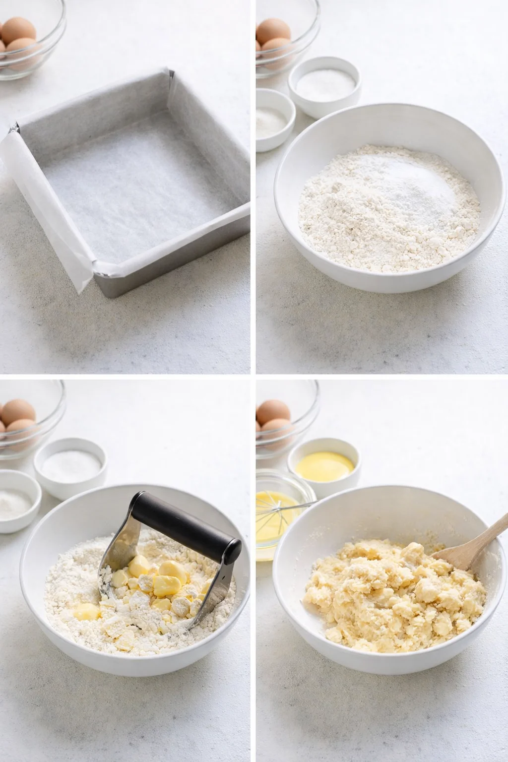Medium bowl with flour, sugar, and salt; cubed butter being cut in, egg yolk and milk folded into soft dough.