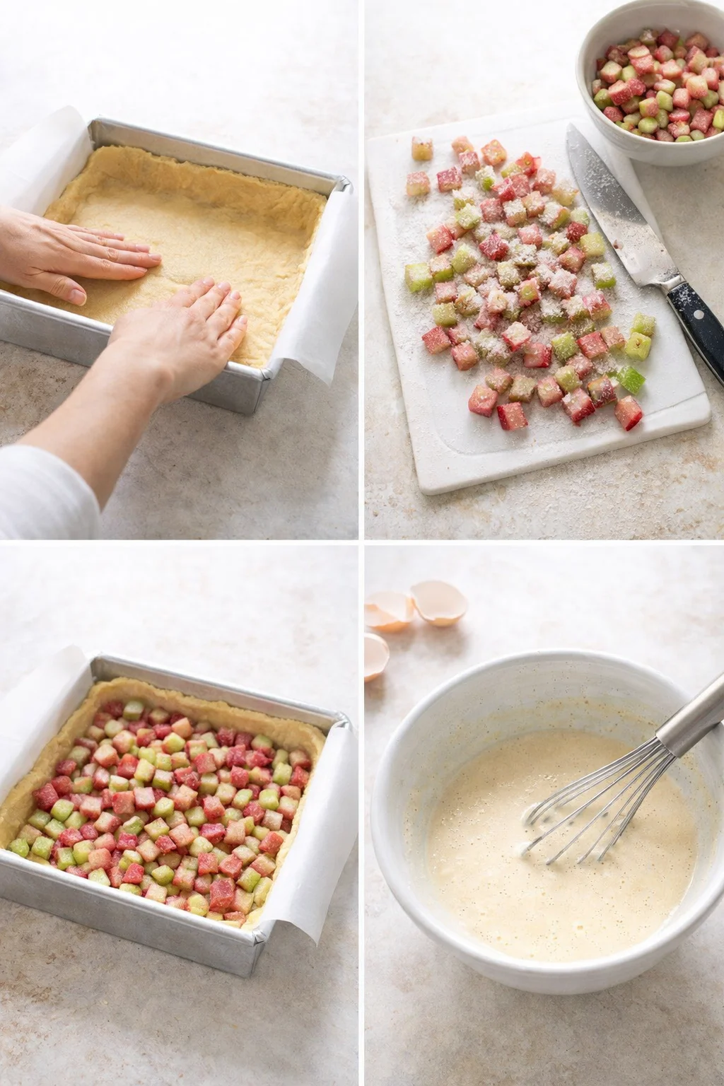 Dough pressed evenly into square pan with raised edges, diced rhubarb nearby, custard mixture being whisked smooth.