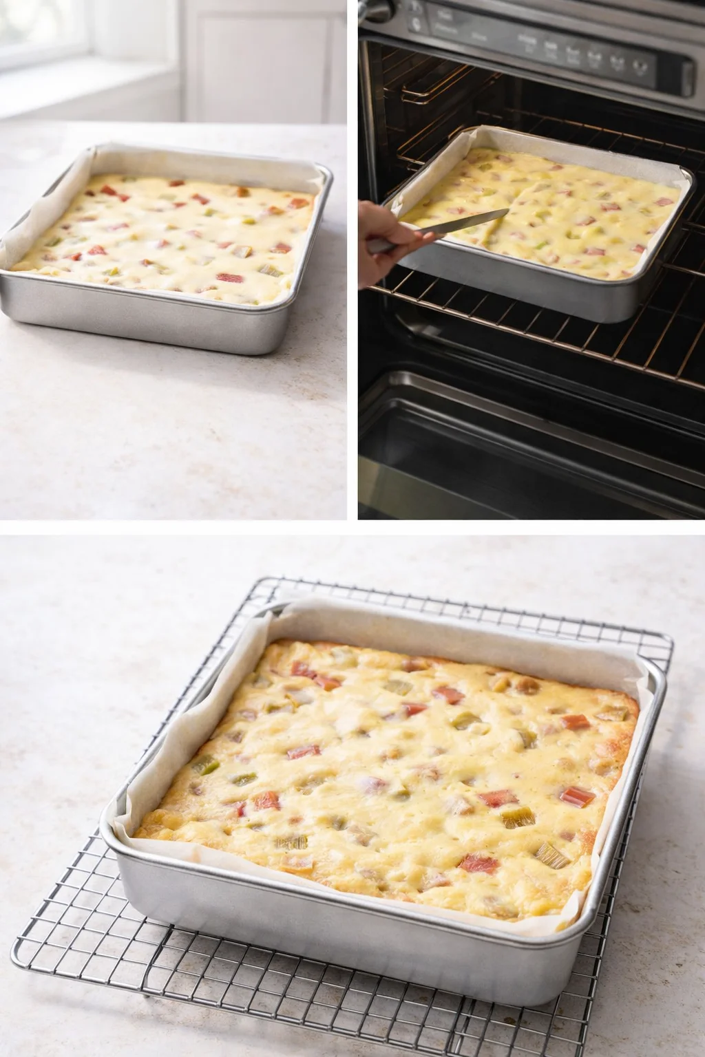 Custard being poured over rhubarb in crust, surface beginning to set; finished kuchen cooling on a wire rack.