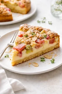 Final plated Rhubarb Custard Kuchen served as a hero shot