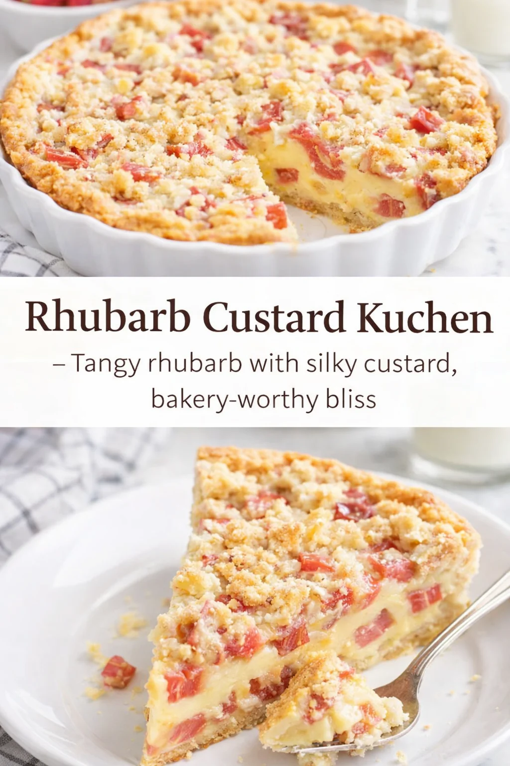 Pinterest-style image for Rhubarb Custard Kuchen with centered text overlay