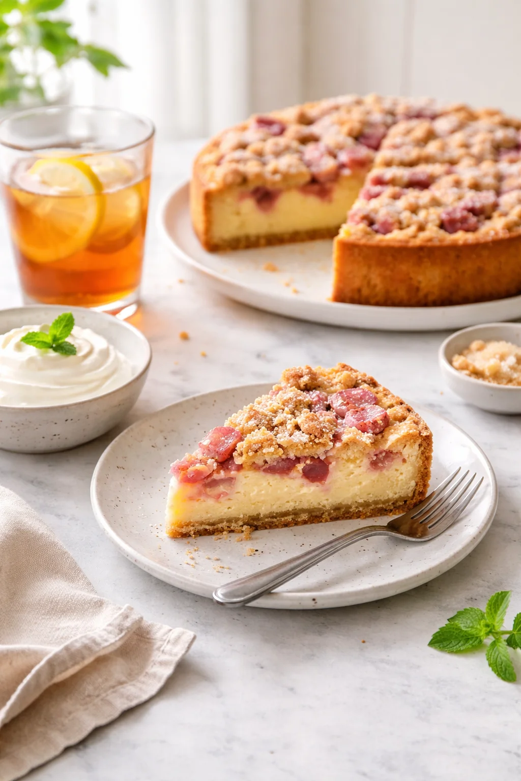 Alternative angle of Rhubarb Custard Kuchen served with a pairing