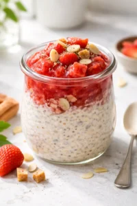 Final plated Rhubarb Overnight Oats served as a hero shot