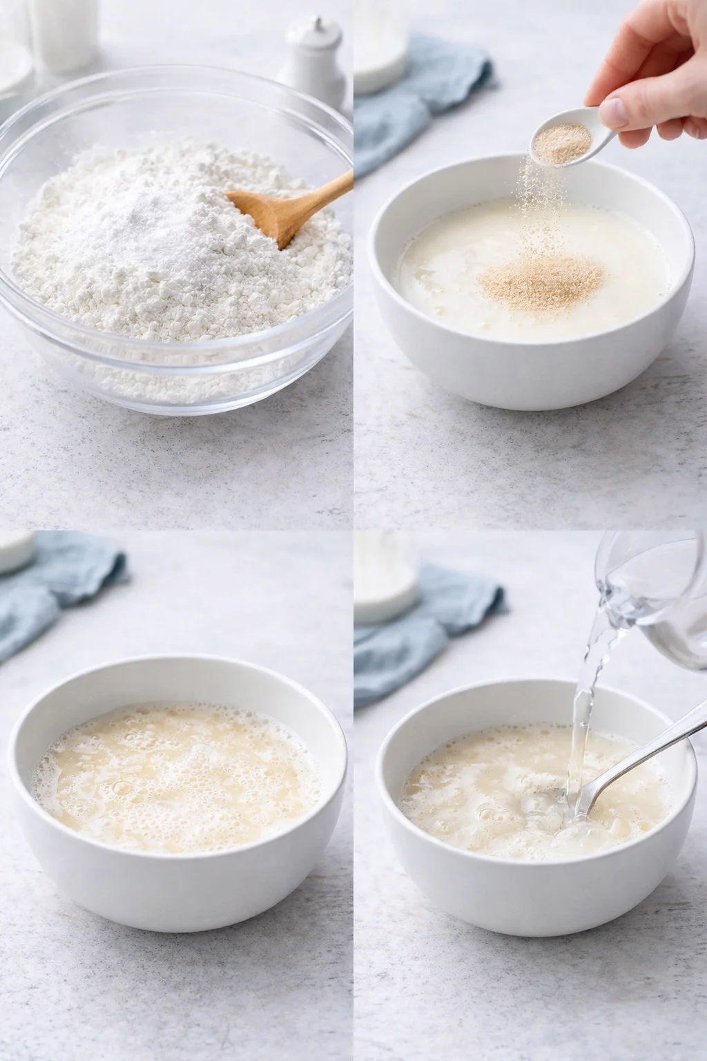Dry flour mixture in large bowl beside small bowl of foamy yeast as water is poured.