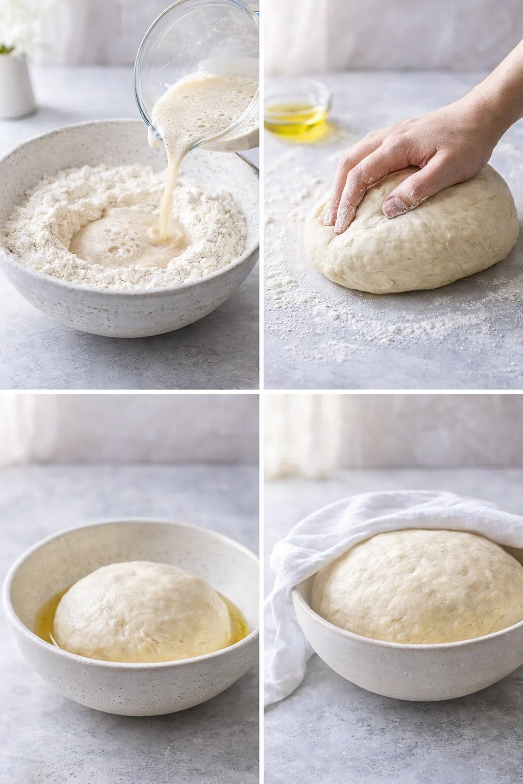 Hands mixing shaggy dough, kneading until smooth and placing it in an oiled bowl to rise.