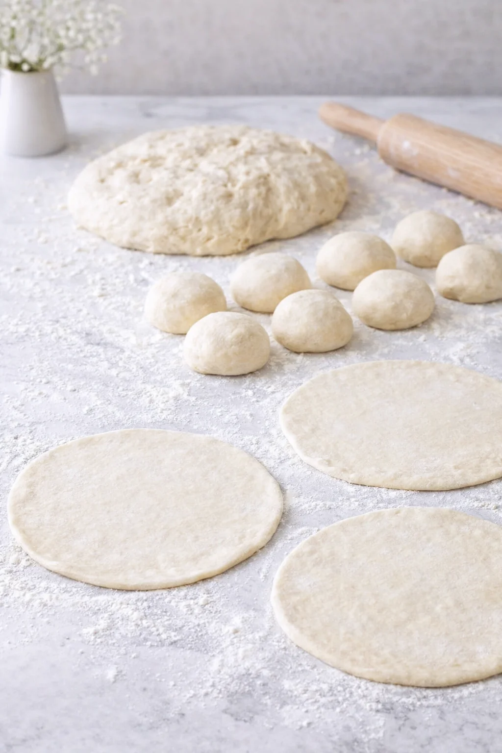 Eight rolled dough balls on floured surface, one being flattened into 7–8-inch circles.