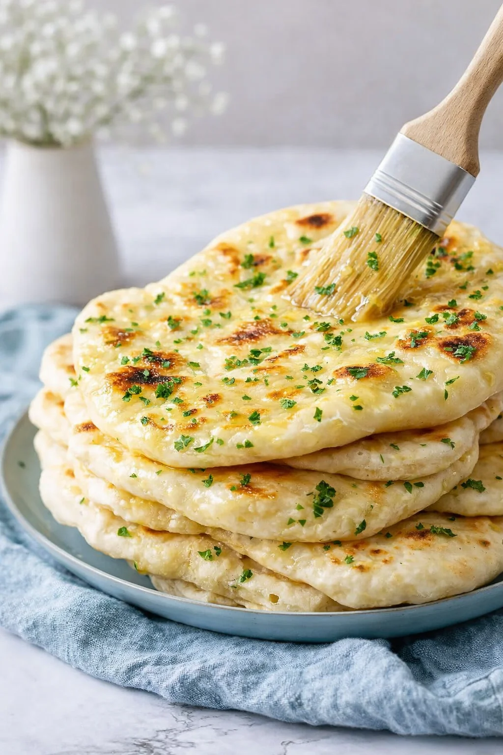 Warm pita being brushed with garlic butter and sprinkled with chopped parsley.