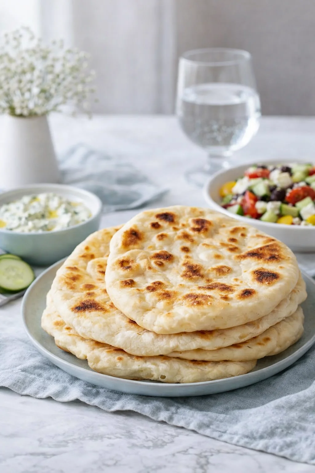 Alternative angle of Fluffy Greek Pita served with a pairing
