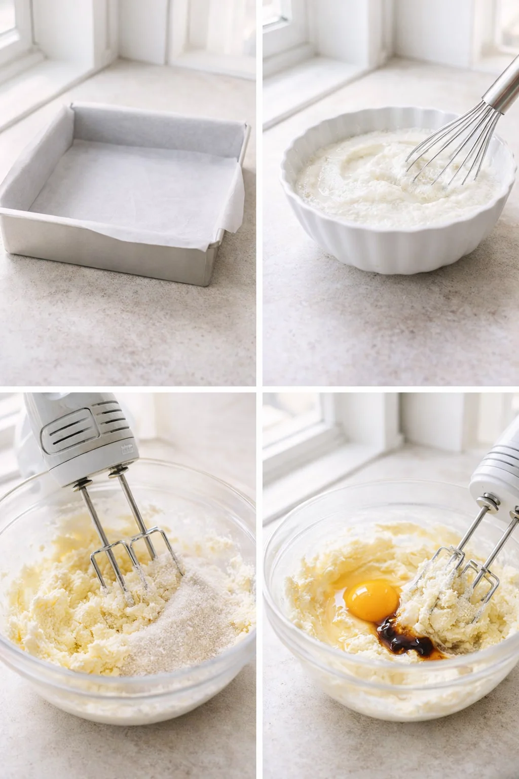 step-process-placeholder-1-4.png Greased 9-inch pan lined with parchment beside bowl of pale, fluffy butter-sugar and fizzed sour cream.