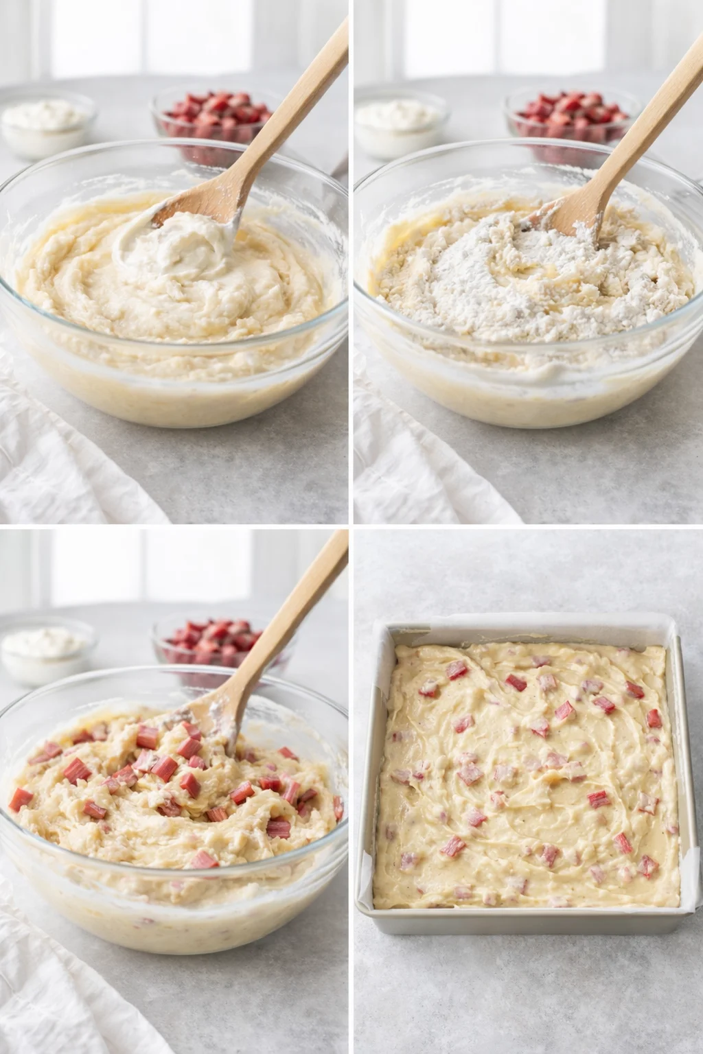 step-process-placeholder-5-8.png Thick batter with pink rhubarb chunks being folded and smoothed into the prepared square pan.