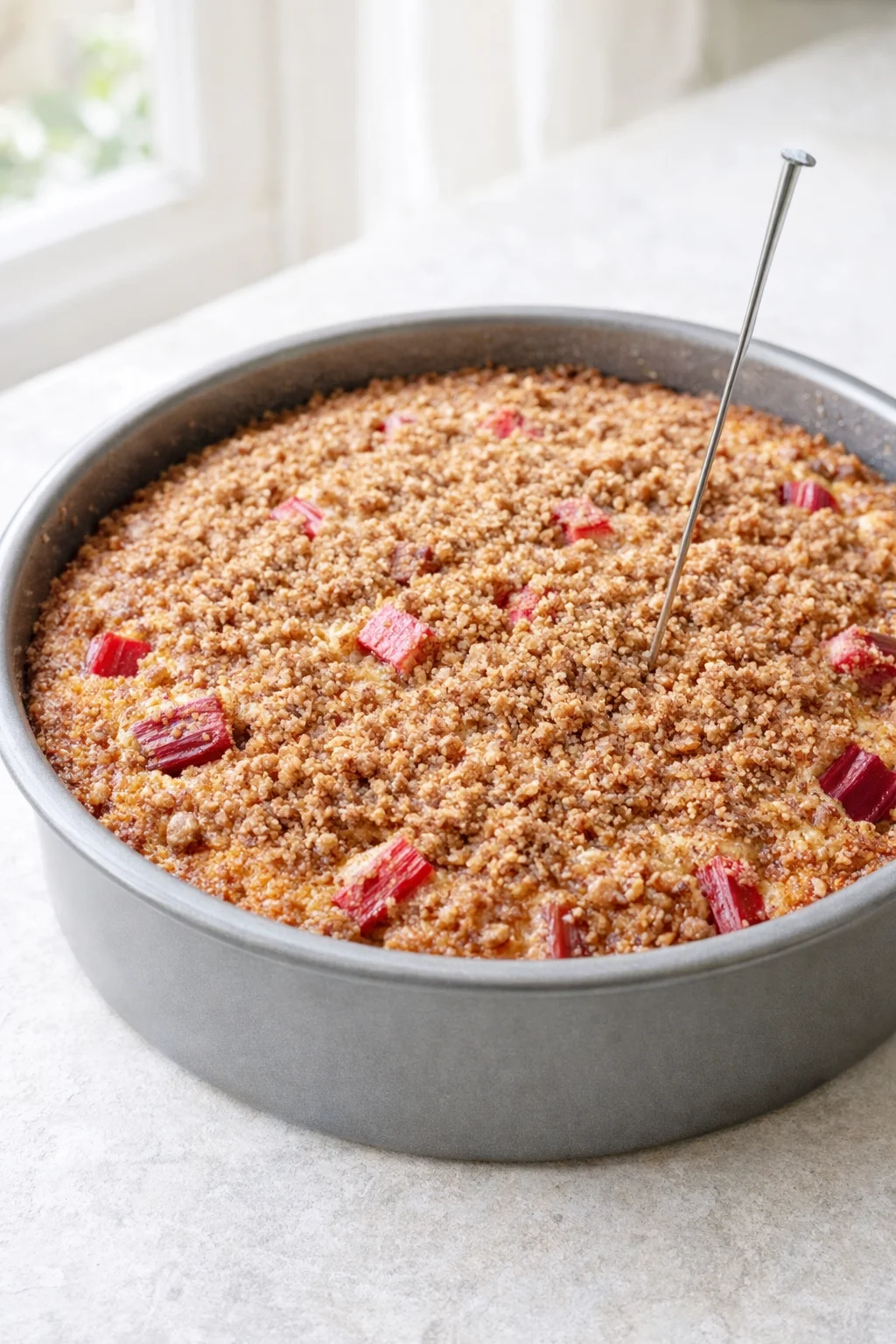step-process-placeholder-9-11.png Baked coffee cake in pan topped with cinnamon-brown sugar crumble and cooling before slicing.