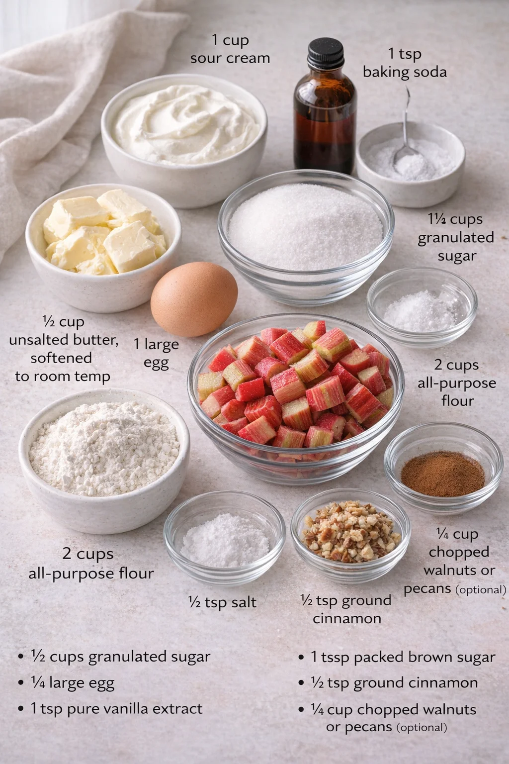 ingredients-placeholder.png Measured ingredients arranged for Sour Cream Rhubarb Coffee Cake - Recipes by Janet: 1 cup sour cream, 1 teaspoon baking soda, ½ cup unsalted butter, softened to room temp, 1 ½ cups granulated sugar, 1 large egg, 1 teasp