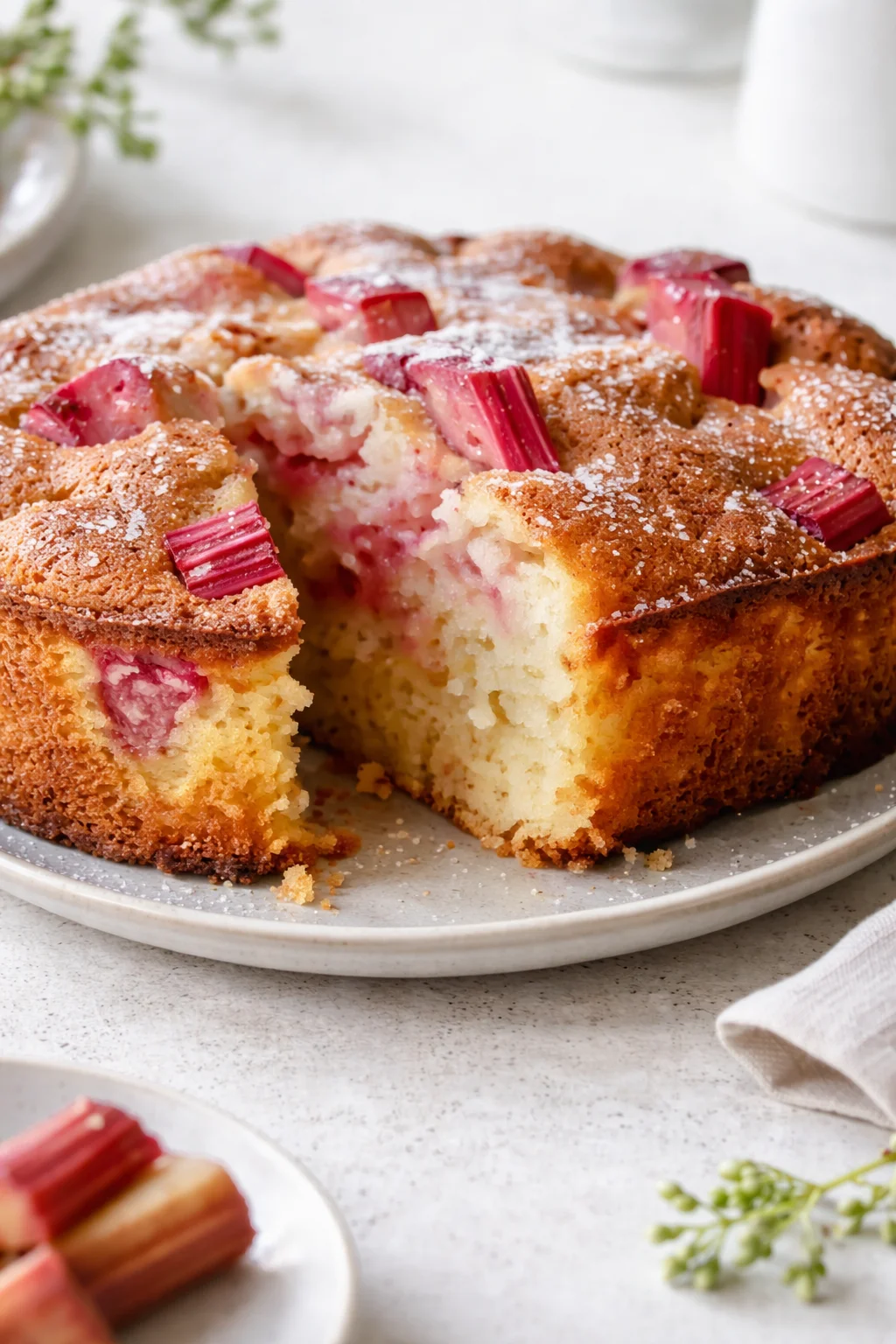 Final plated Sour Cream Rhubarb Coffee Cake - Recipes by Janet served as a hero shot