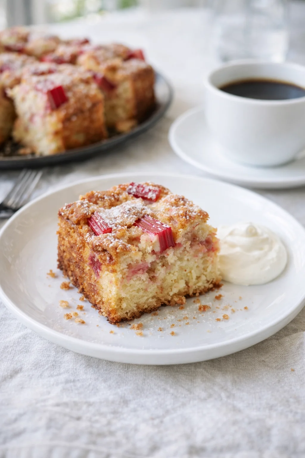 closing_final_dish-placeholder.png Alternative angle of Sour Cream Rhubarb Coffee Cake - Recipes by Janet served with a pairing