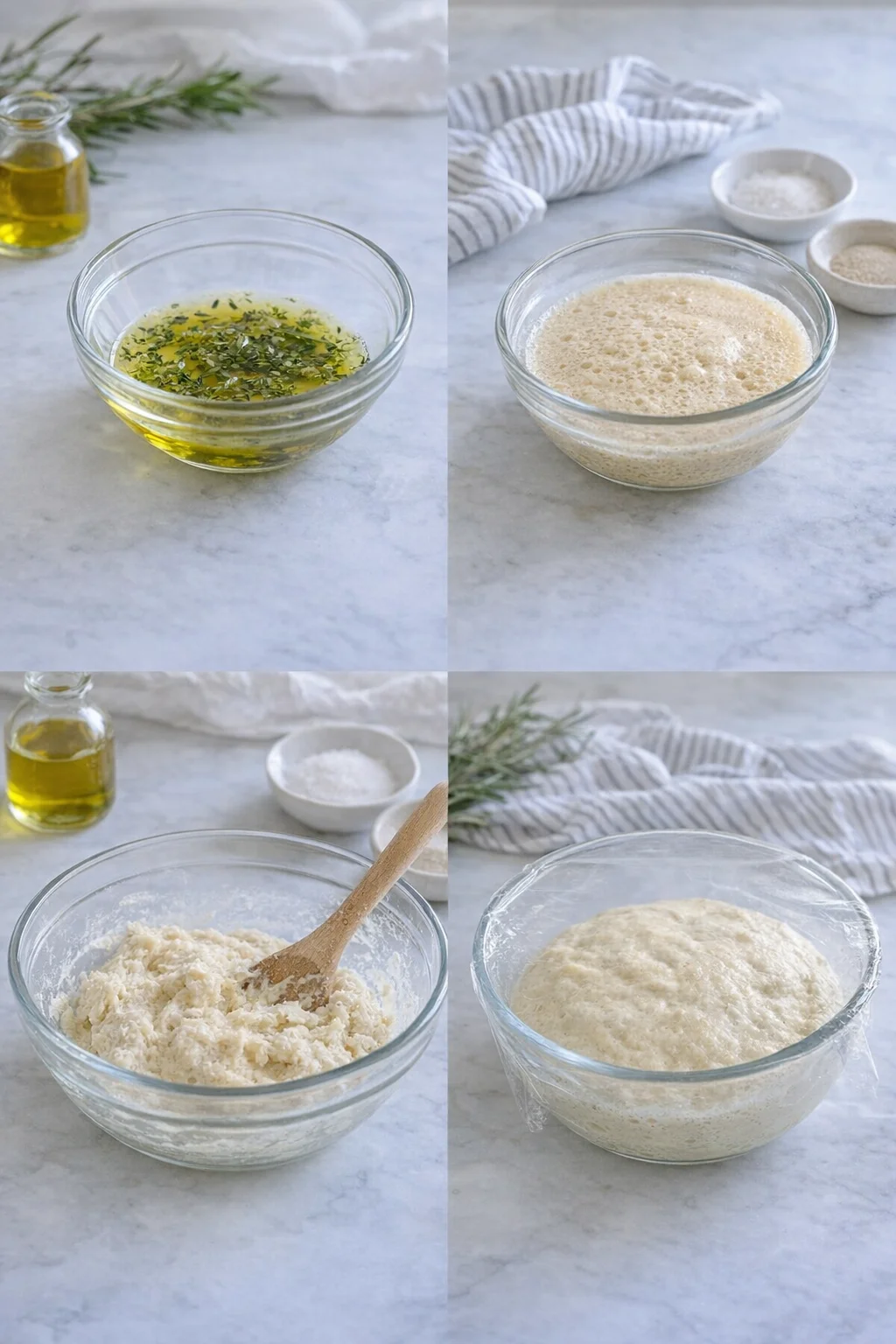 step-process-placeholder-1-4.png Small bowls: herbed oil and foamy yeast mixture; sticky dough in covered bowl rising