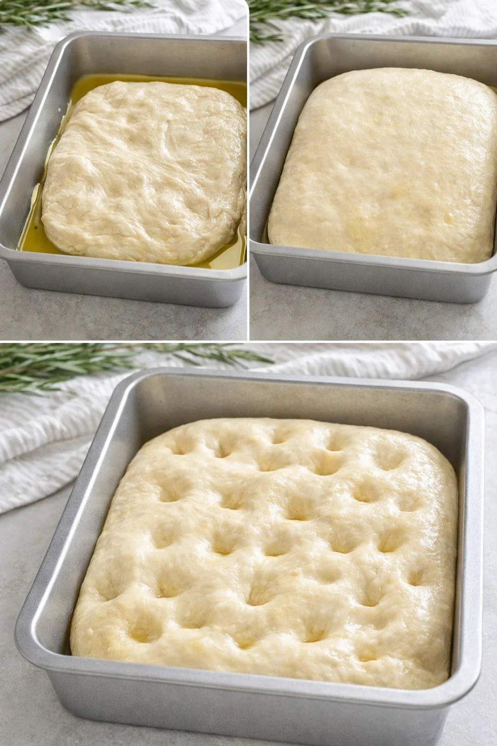 step-process-placeholder-5-8.png Oiled 9×7 pan with stretched dough, puffy after second rise, fingertips pressing dimples