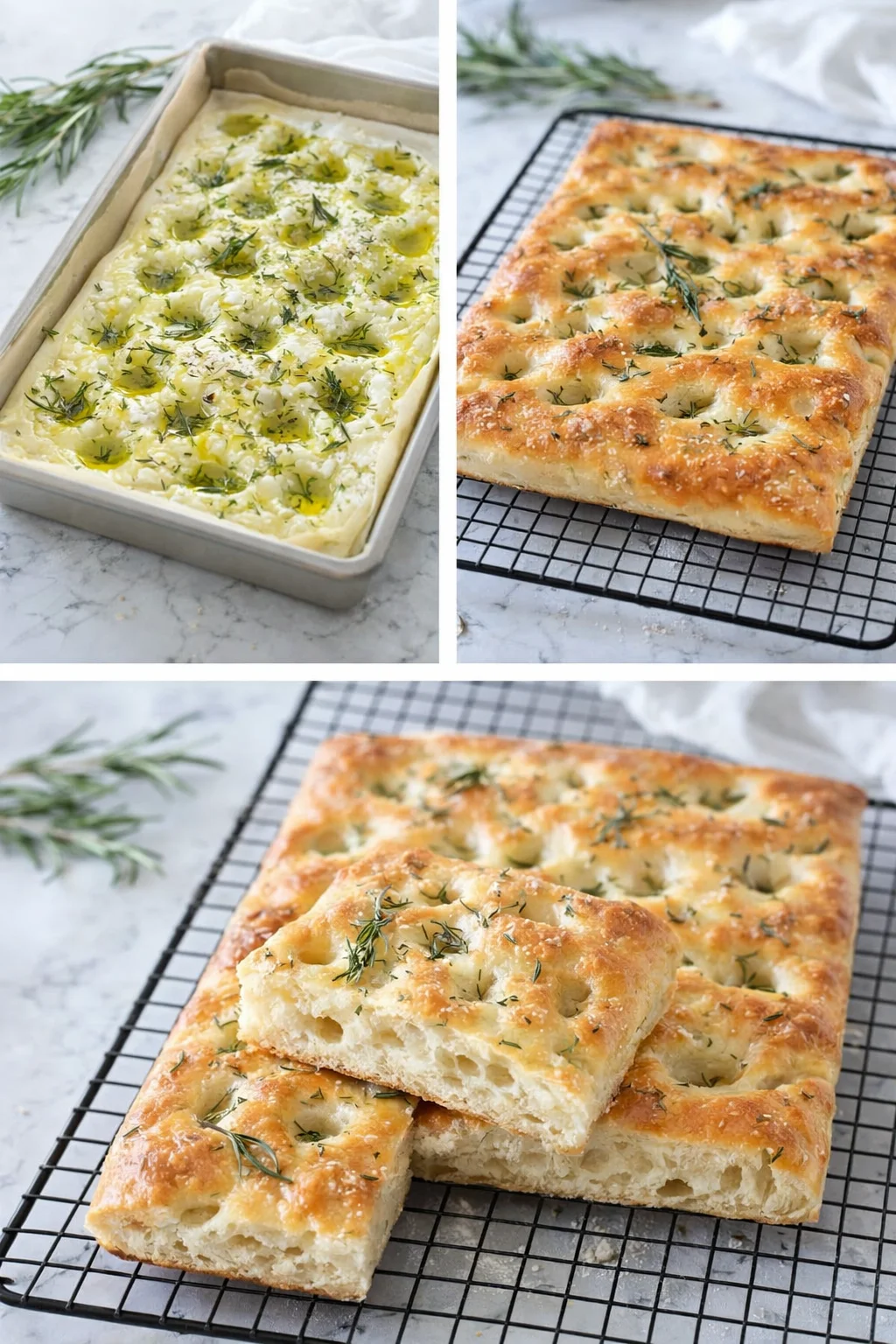 step-process-placeholder-9-11.png Herbed oil drizzled into dimples, coarse salt and rosemary scattered; golden focaccia cooling on rack