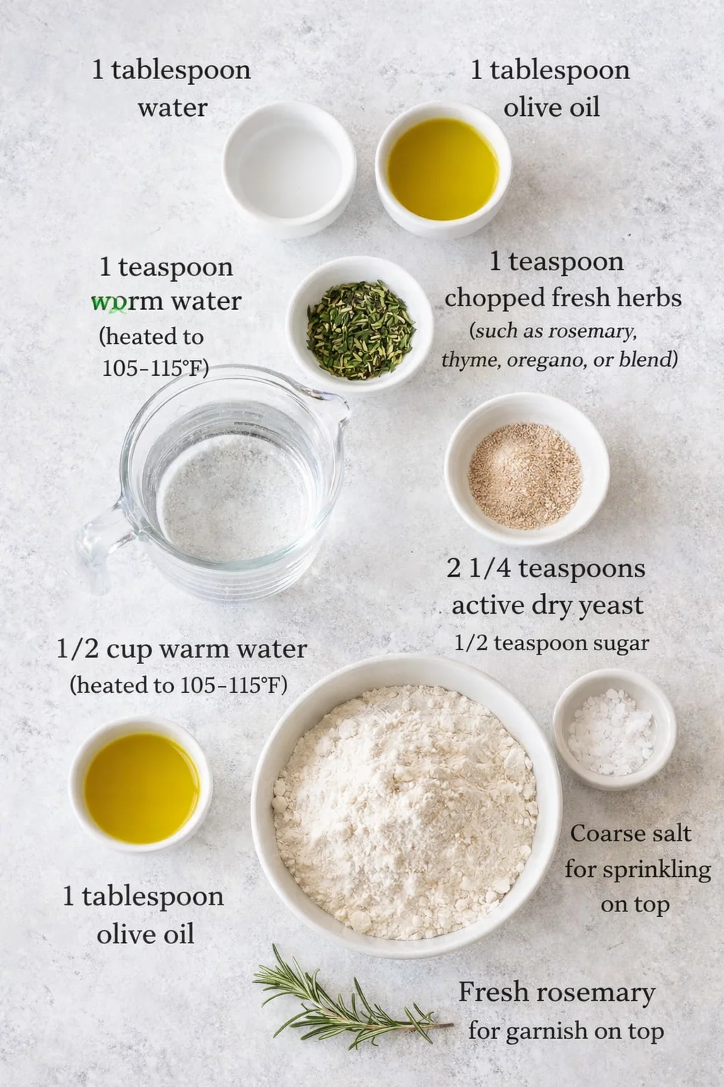 ingredients-placeholder.png Measured ingredients arranged for Homemade Small Batch Focaccia: 1 tablespoon water, 1 tablespoon olive oil, 1 teaspoon finely chopped fresh herbs (such as rosemary, thyme, oregano, or a blend; if using dried herbs, redu