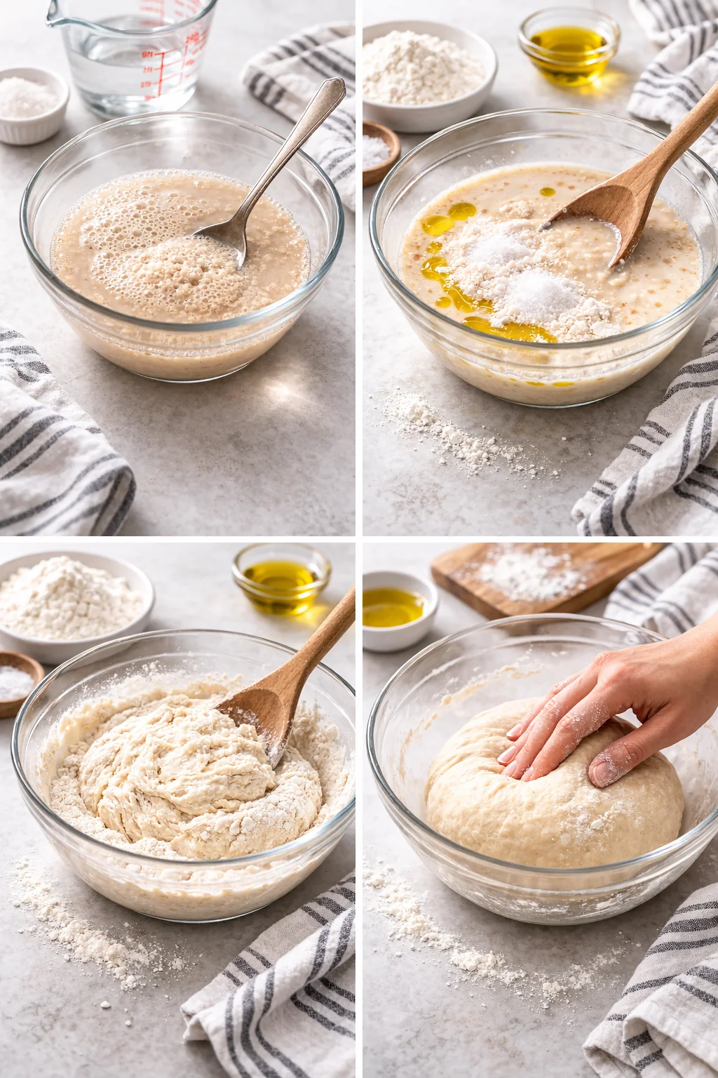 Bubbly yeast in warm water and hands mixing slightly sticky dough in a bowl.