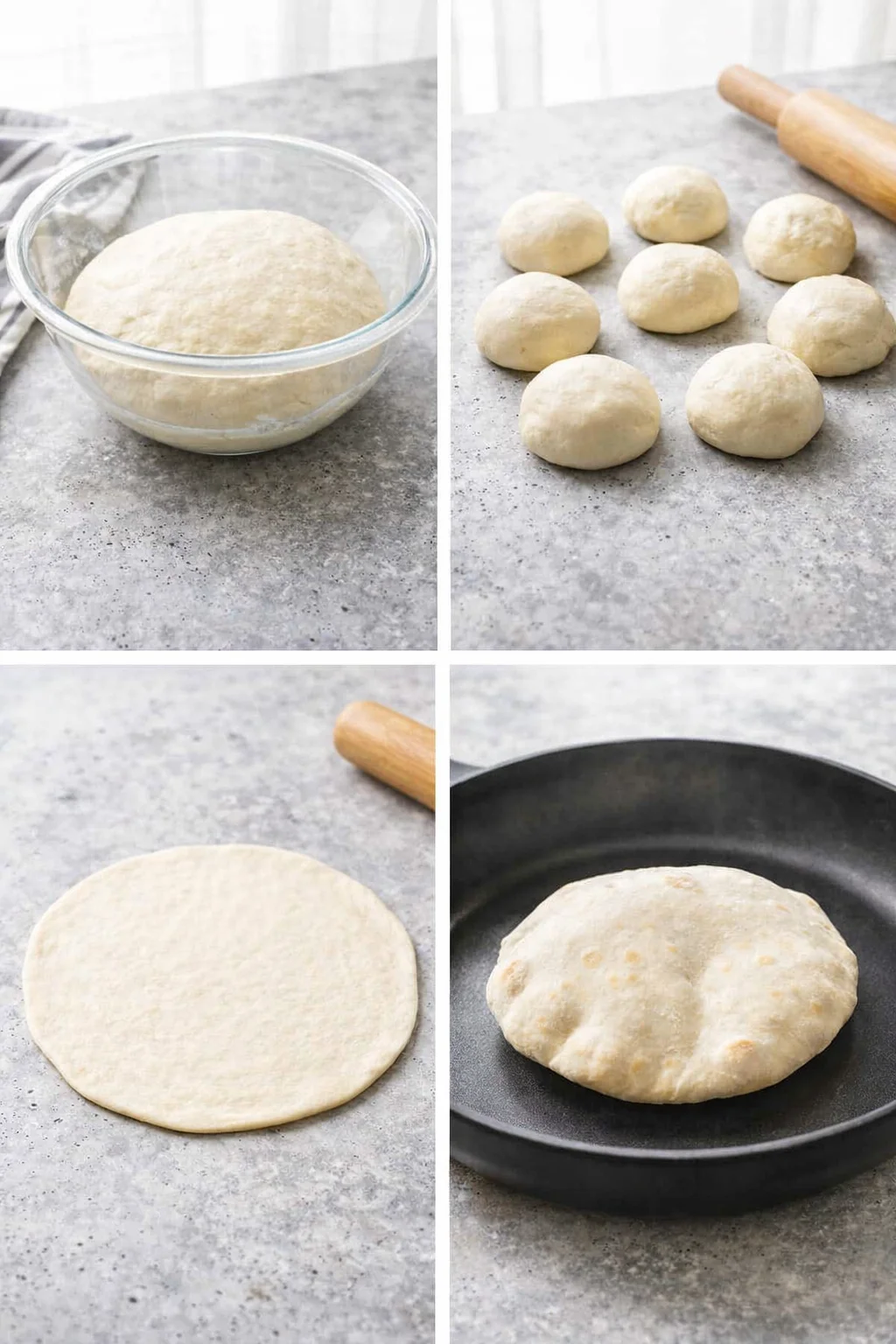 Dough resting in greased bowl, eight divided pieces, and thin rolled rounds beside a hot skillet.