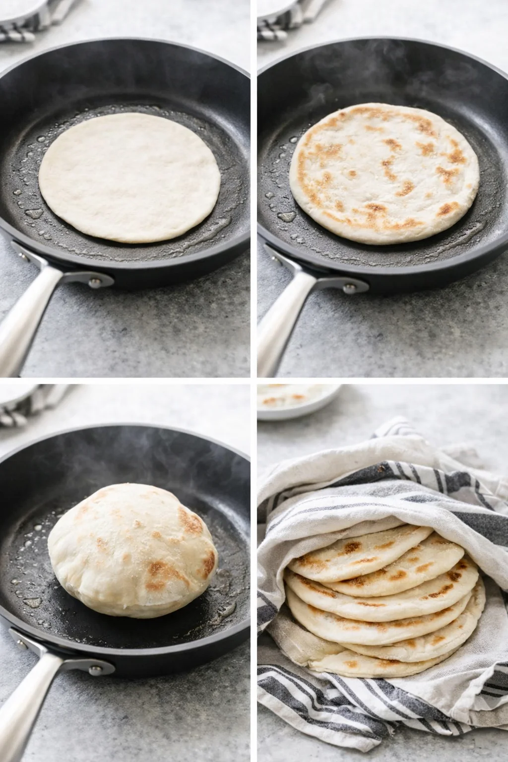 Oiled hot skillet with a pita cooking, showing golden bottom, puffed top, and covered stack.