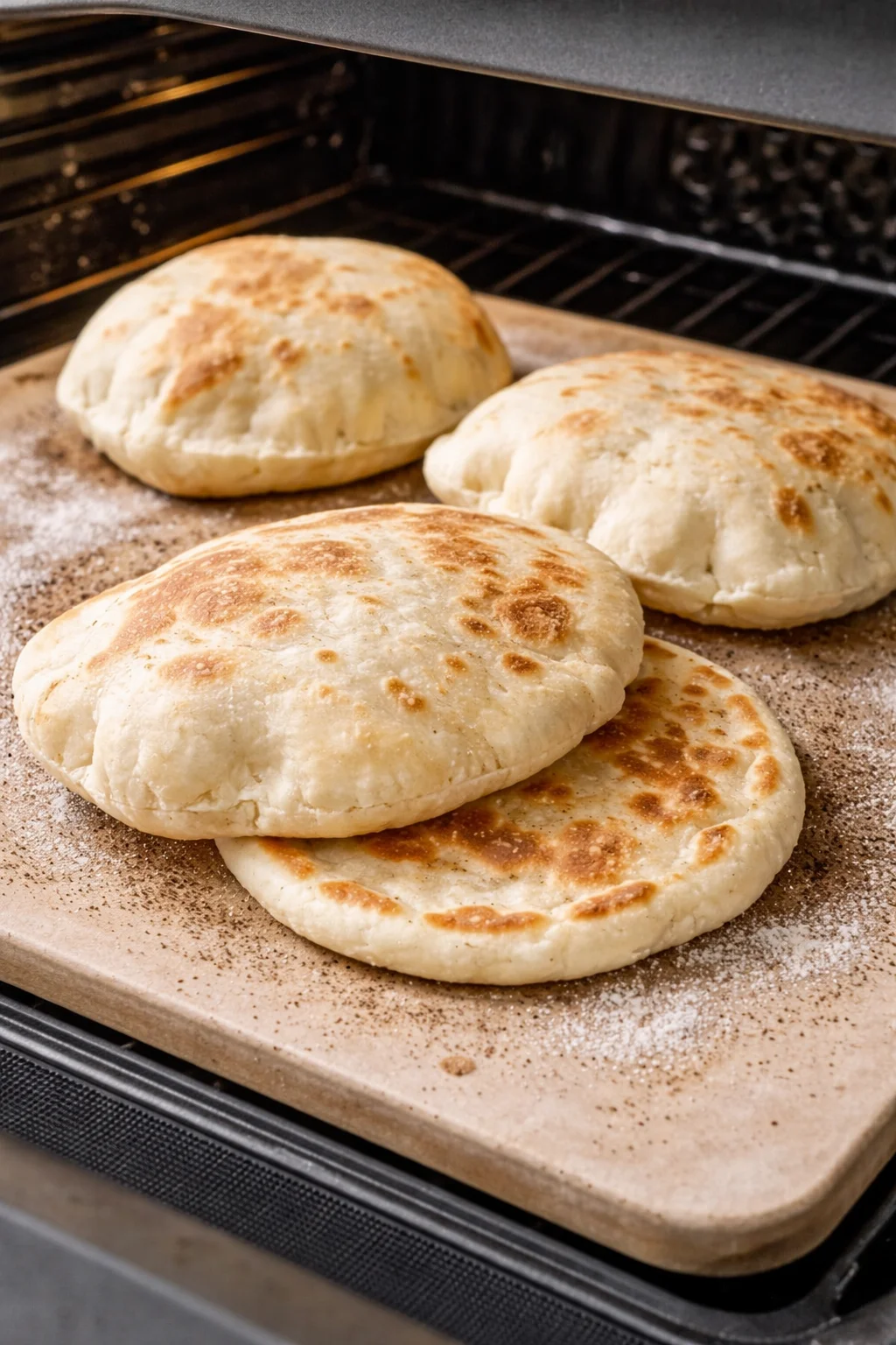Pitas puffing on a preheated pizza stone as one pita is flipped during high-heat baking.