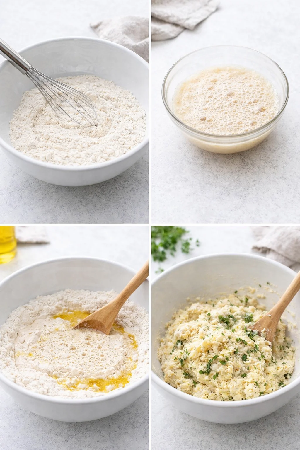 Large bowl with sticky dough being mixed, Parmesan and minced garlic folded into flour mixture.