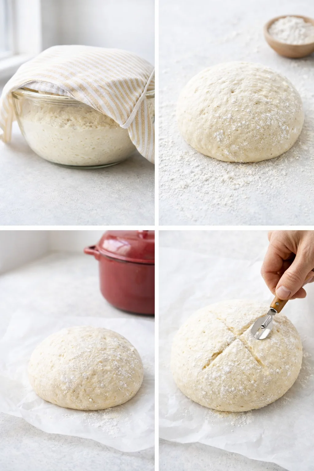 Round proofed loaf shaped on parchment, resting and scored lightly before baking in preheated Dutch oven.