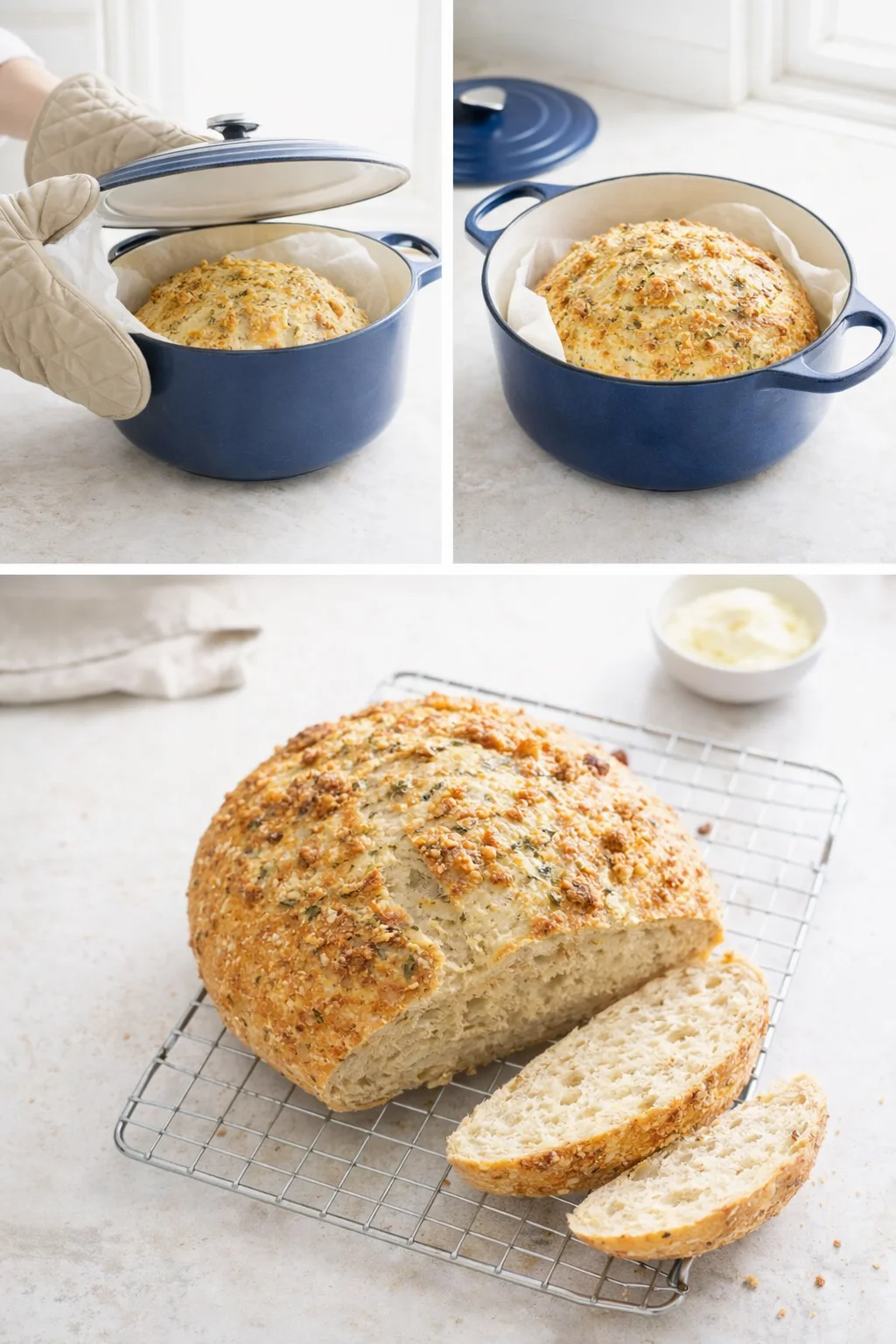 Golden artisan loaf with deep crust cooling on wire rack after baking in Dutch oven.