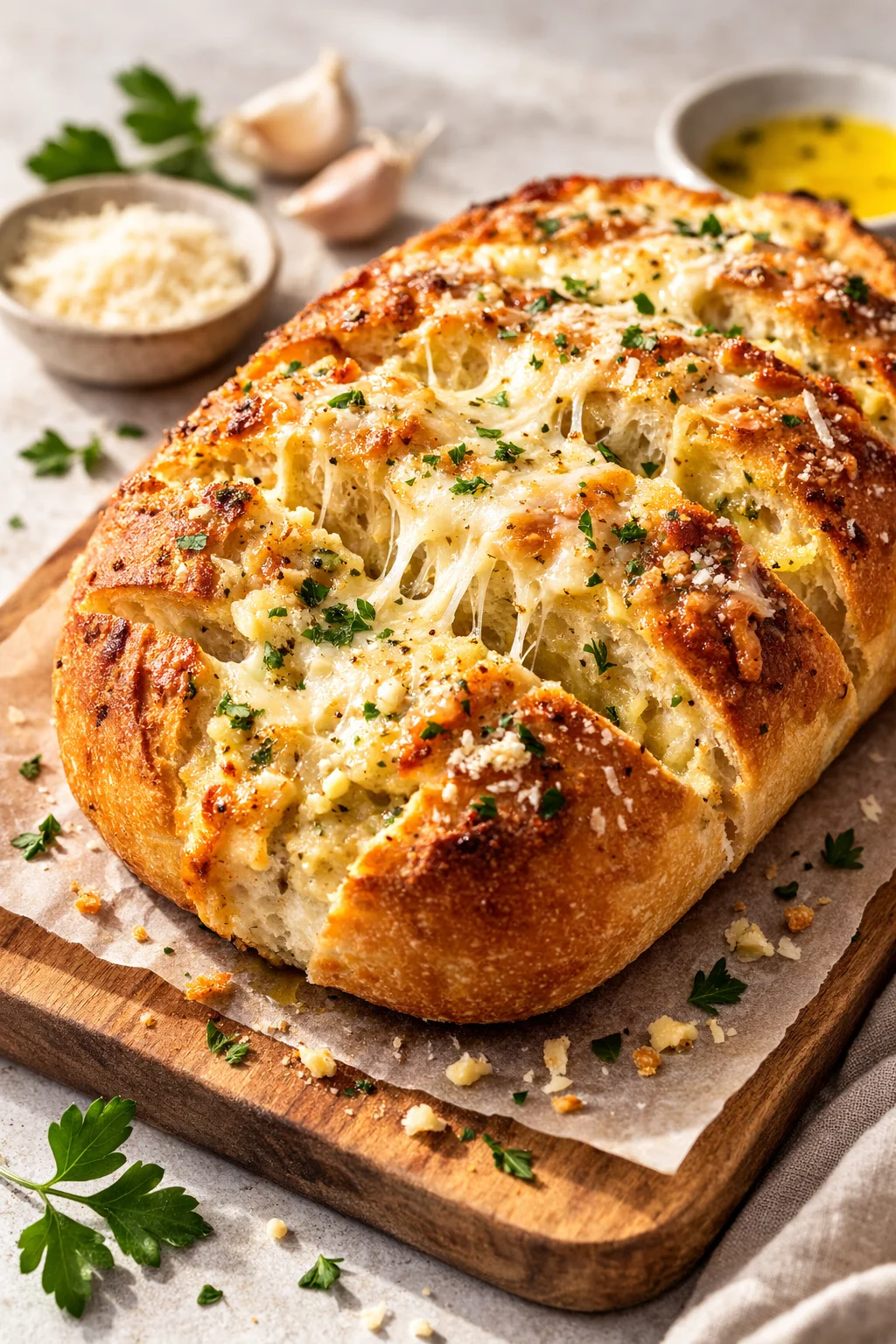Final plated Parmesan Garlic Artisan Bread served as a hero shot
