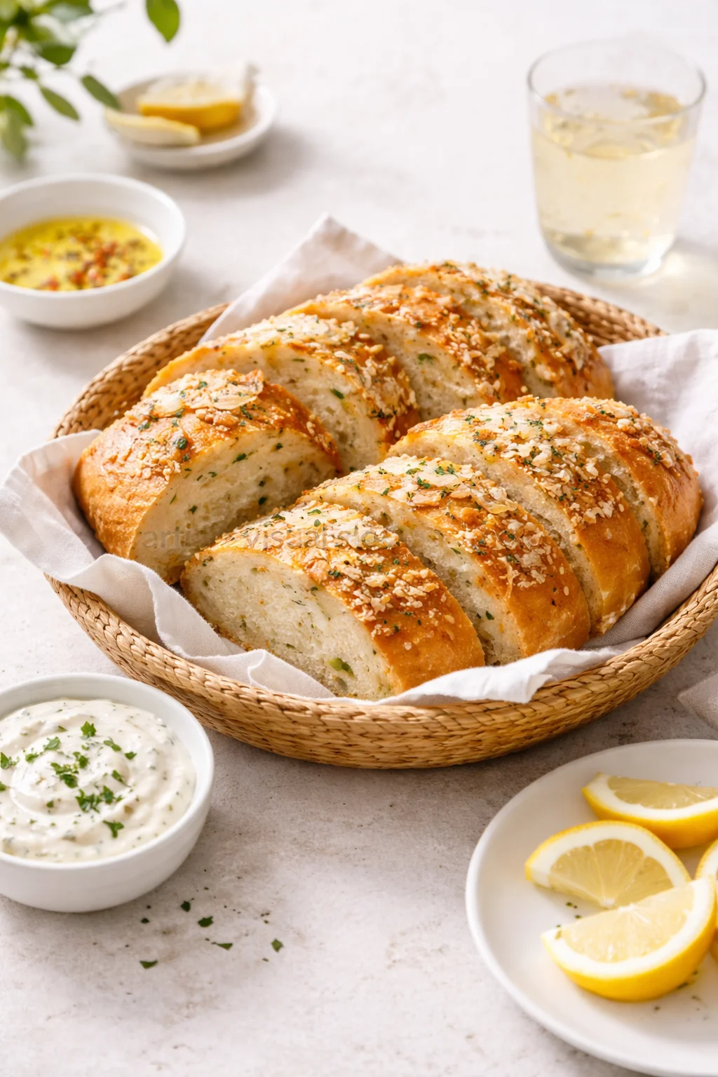 Alternative angle of Parmesan Garlic Artisan Bread served with a pairing
