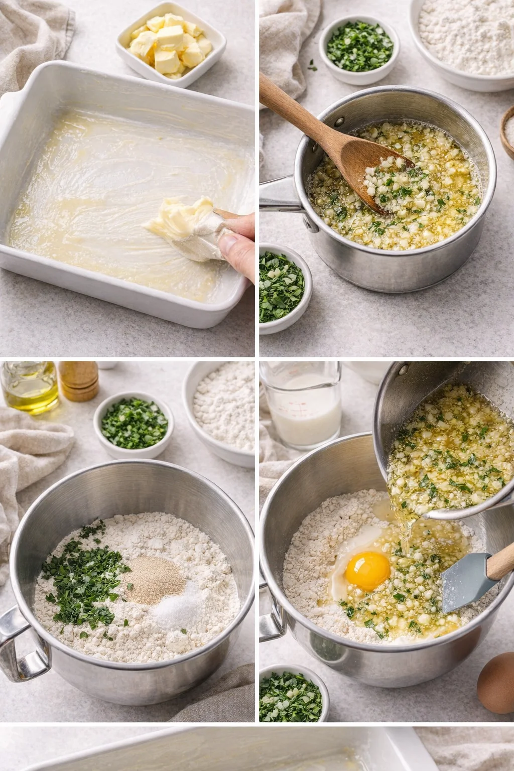 Stand mixer bowl with flour and parsley mixture as warm garlic butter, milk and egg are poured.