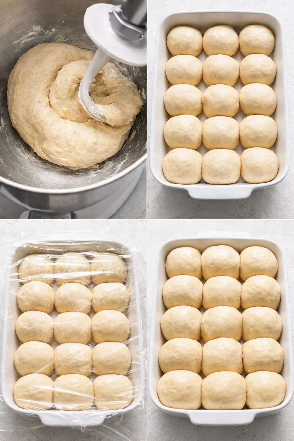 Twelve smooth dough balls arranged snugly in buttered baking pan, covered and proofing.