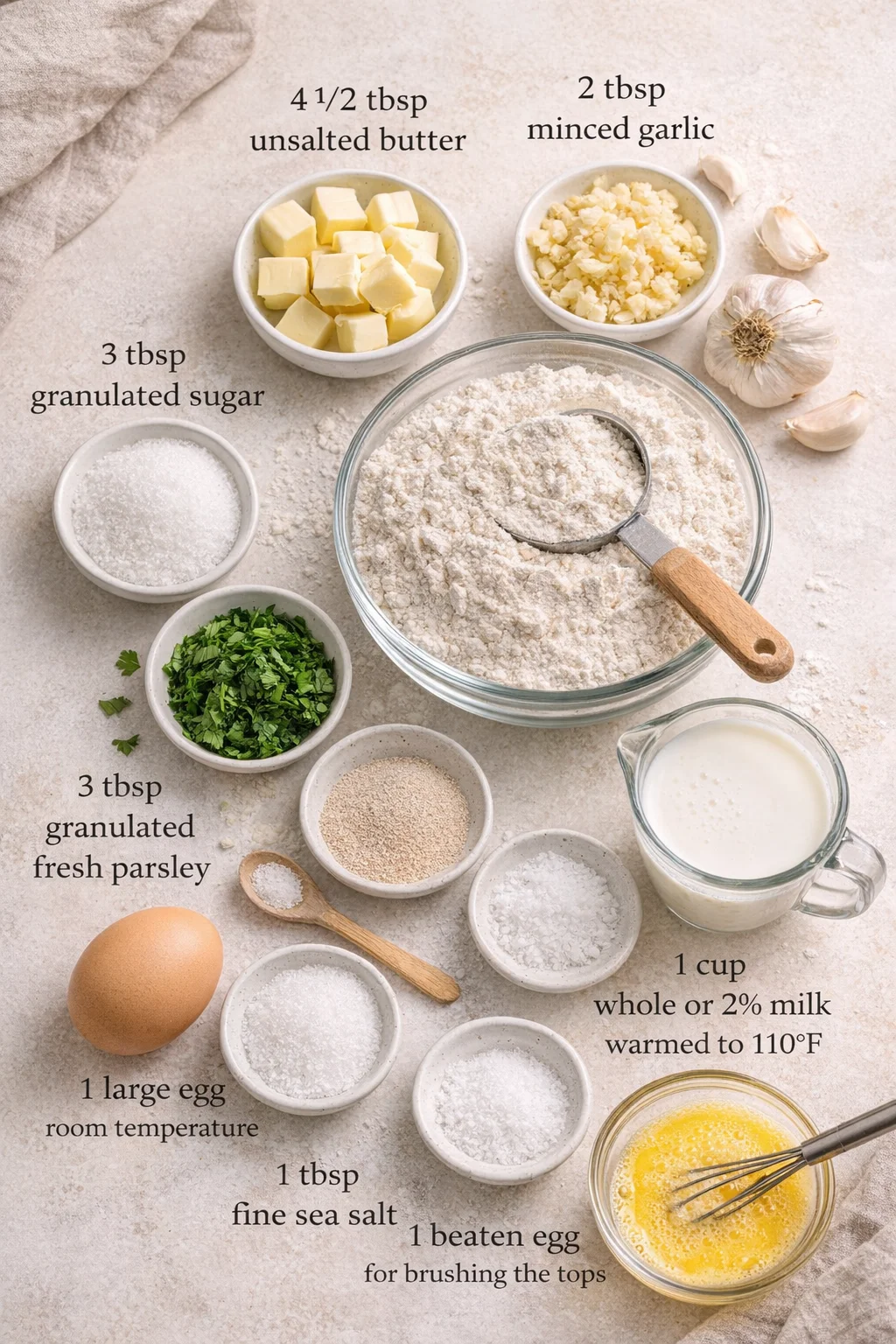 Measured ingredients arranged for Garlic Bread Rolls: 4 1/2 tablespoons unsalted butter, 2 tablespoons minced garlic, 3 1/2 cups + 1 tablespoon all-purpose flour, 3 tablespoons chopped fresh parsley, 1 tablespoon granula