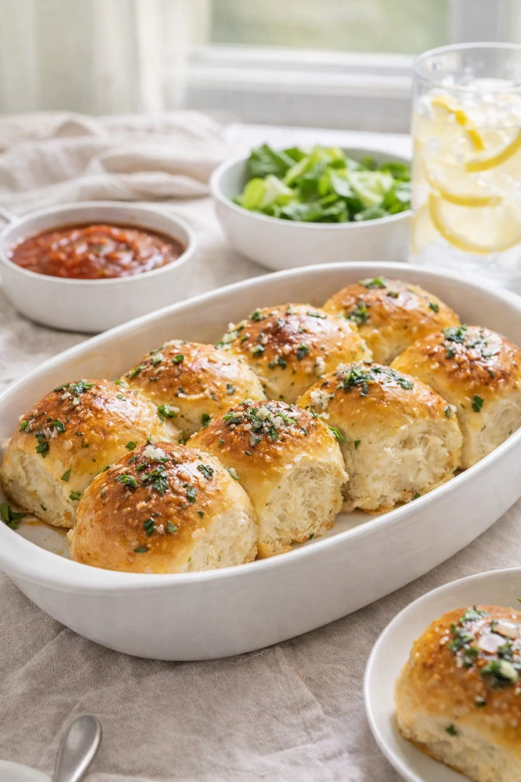 Alternative angle of Garlic Bread Rolls served with a pairing