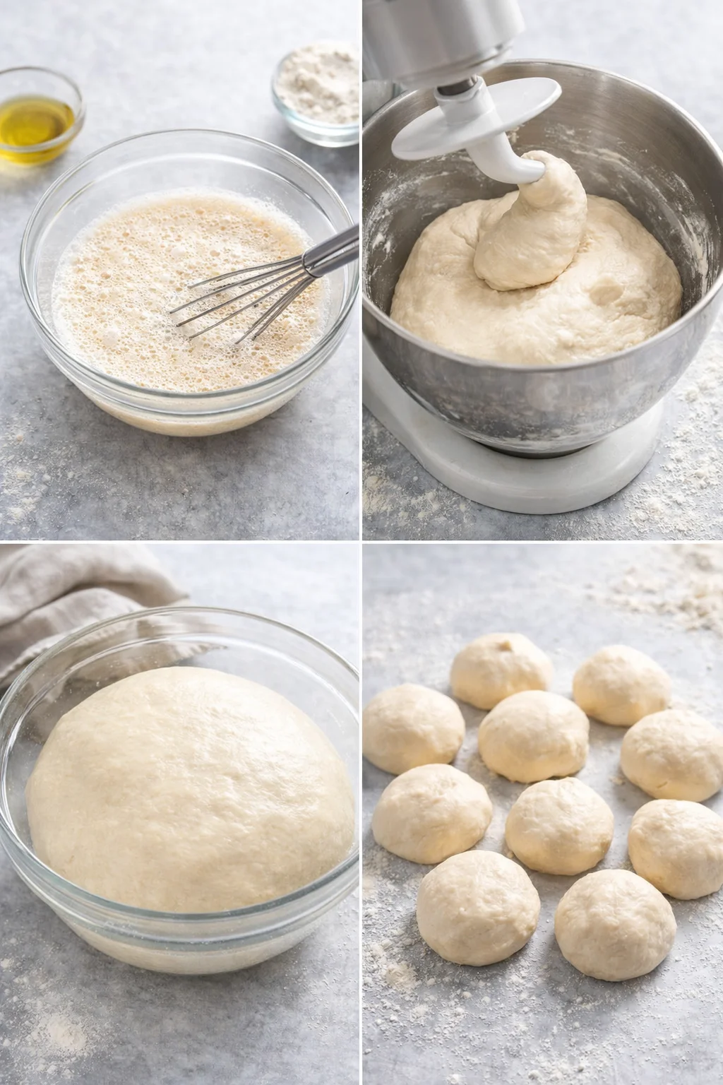 Foamy yeast starter, soft elastic dough in mixing bowl, dough ball in oiled bowl ready to rise